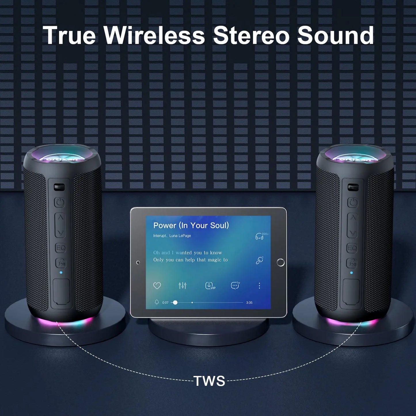 Boxa Portabila Bluetooth 5.3, Bass Puternic DSP, 24W, Autonomie 30 Ore, TWS Stereo, Rezistenta Apa IPX7, EQ Sound Effects, RGB Led, MicroSD/TF, AUX In, USB-C, Hands-Free, Asistenti Vocali Siri/Google, Design Compact, Negru PIEX.RO