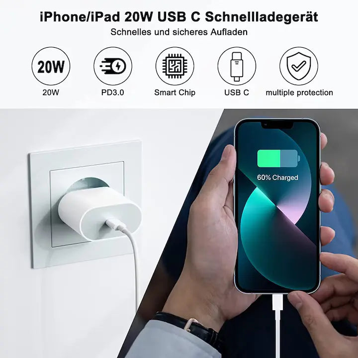 Încărcător pentru iPhone cu Cablu Lightning Inclus, Rapid 20W, Compatibil iPhone 14/13/12/11/Pro/Pro Max/iPad/AirPods, Alb PIEX.RO