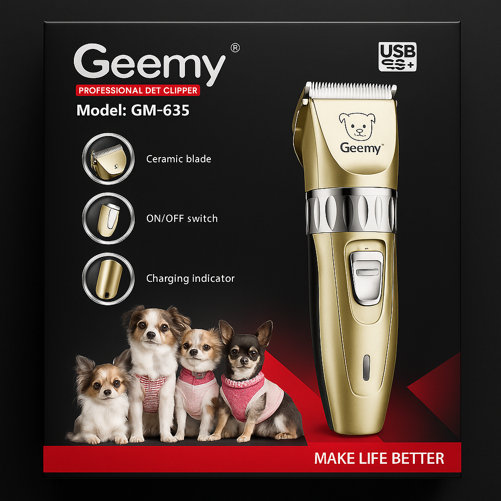 Masina de tuns animale, Geemy®, GM-635, pentru caini, pisici, Lama ceramica, 4 perii de la 3mm pana la 12mm, Acumulator trimmer, autonomie 40 minute, Silentioasa, Fara fir,