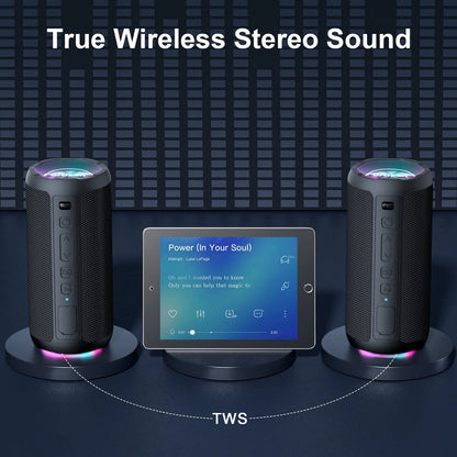 Boxa Portabila Bluetooth 5.3, Bass Puternic DSP, 24W, Autonomie 30 Ore, TWS Stereo, Rezistenta Apa IPX7, EQ Sound Effects, RGB Led, MicroSD/TF, AUX In, USB-C, Hands-Free, Asistenti Vocali Siri/Google, Design Compact, Negru PIEX.RO