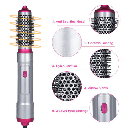 Set perie termică rotativă 5 în 1, uscător de păr și ondulator cu capete interschimbabile, perie rotativă cu ioni, 1100W