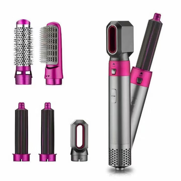 Set perie termică rotativă 5 în 1, uscător de păr și ondulator cu capete interschimbabile, perie rotativă cu ioni, 1100W